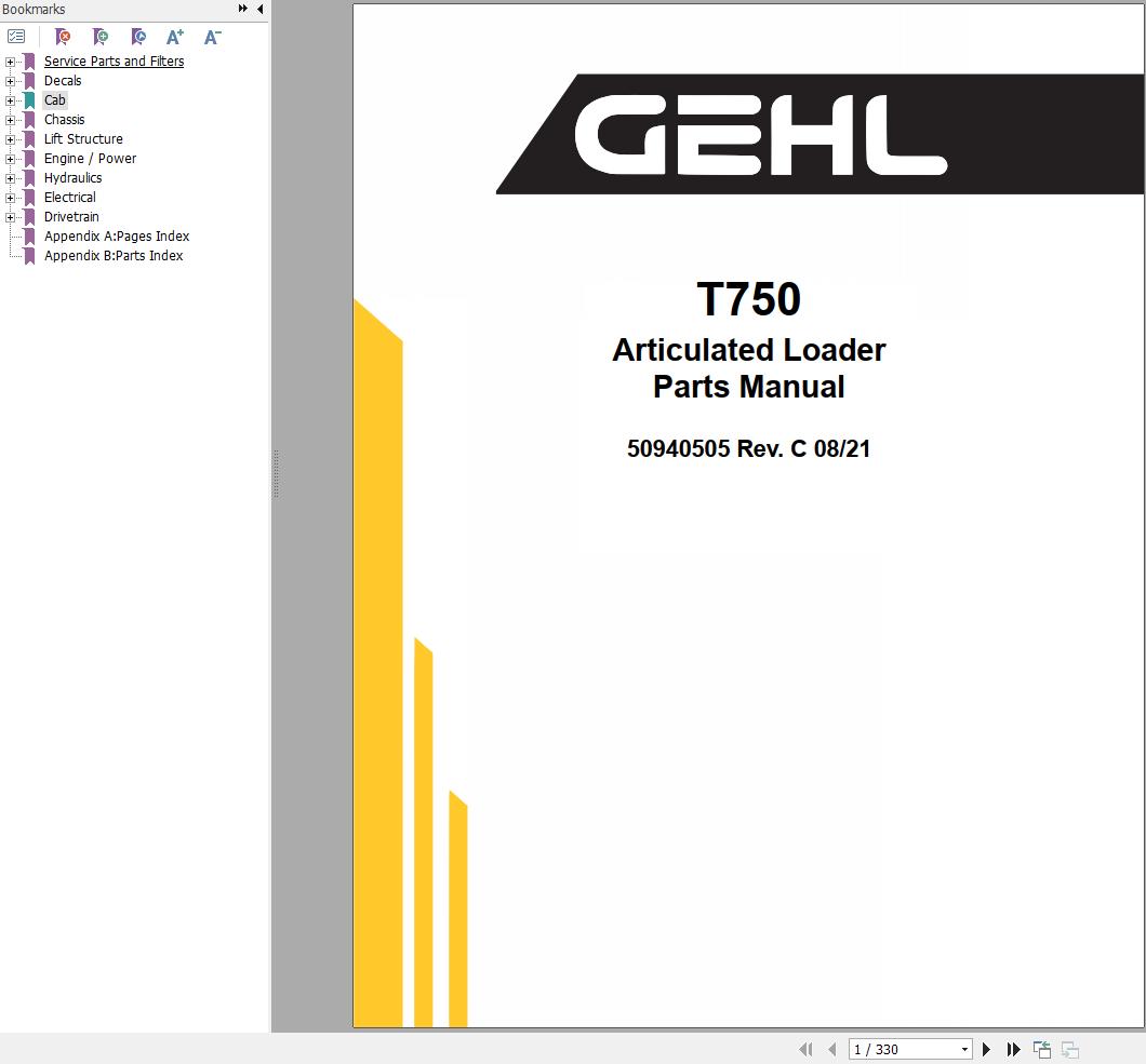 GEHL Articulated Loader T750 Parts Manual 50940505C