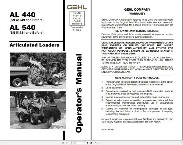 GEHL Articulated Loaders AL440 AL540 Operators Manual 918442A