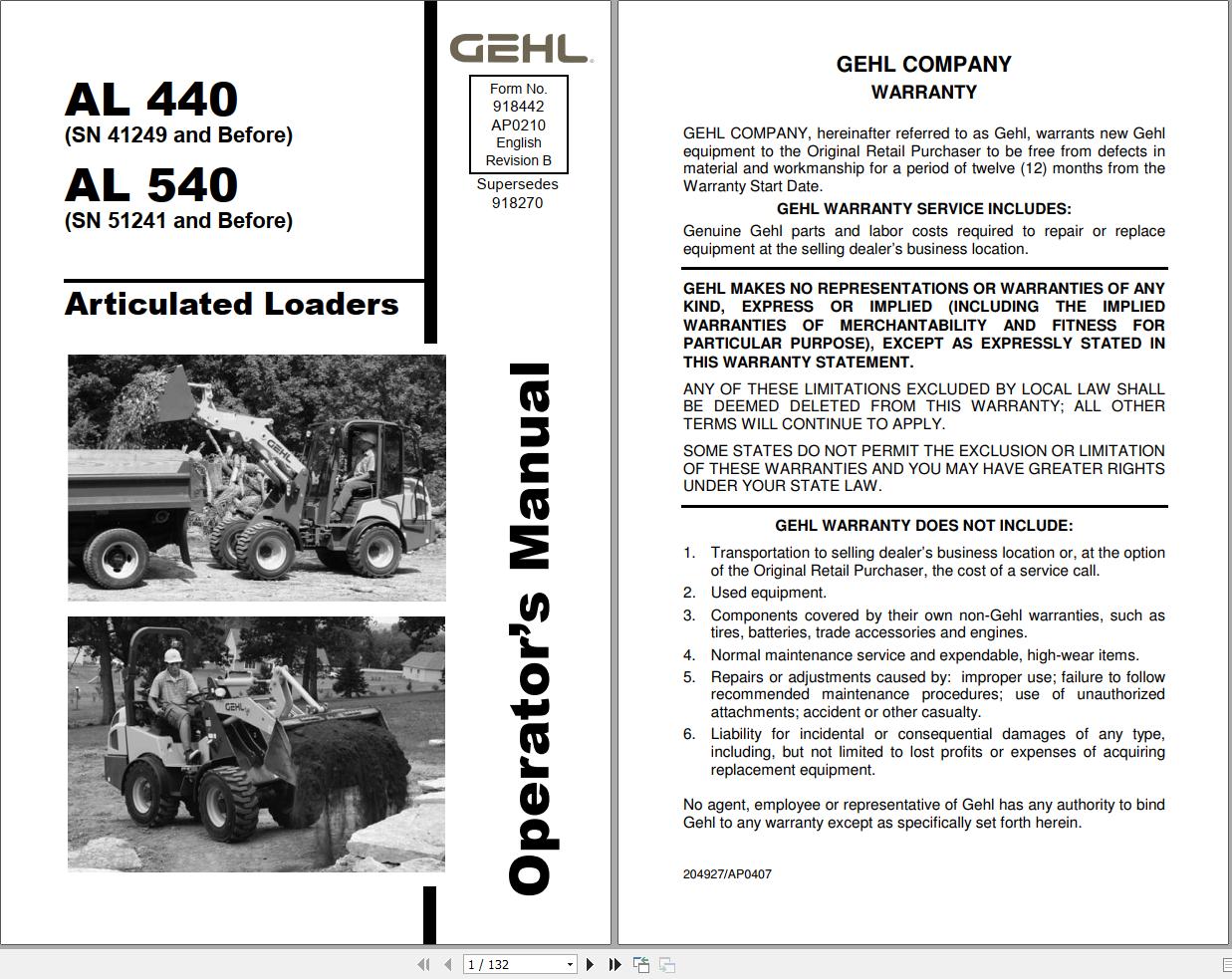 GEHL Articulated Loaders AL440 AL540 Operators Manual 918442A