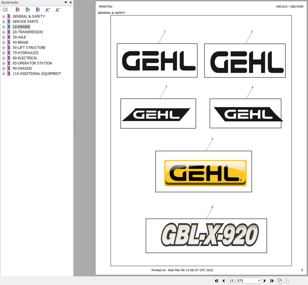 GEHL Backhoe Loader GBL X 920 Parts Manual