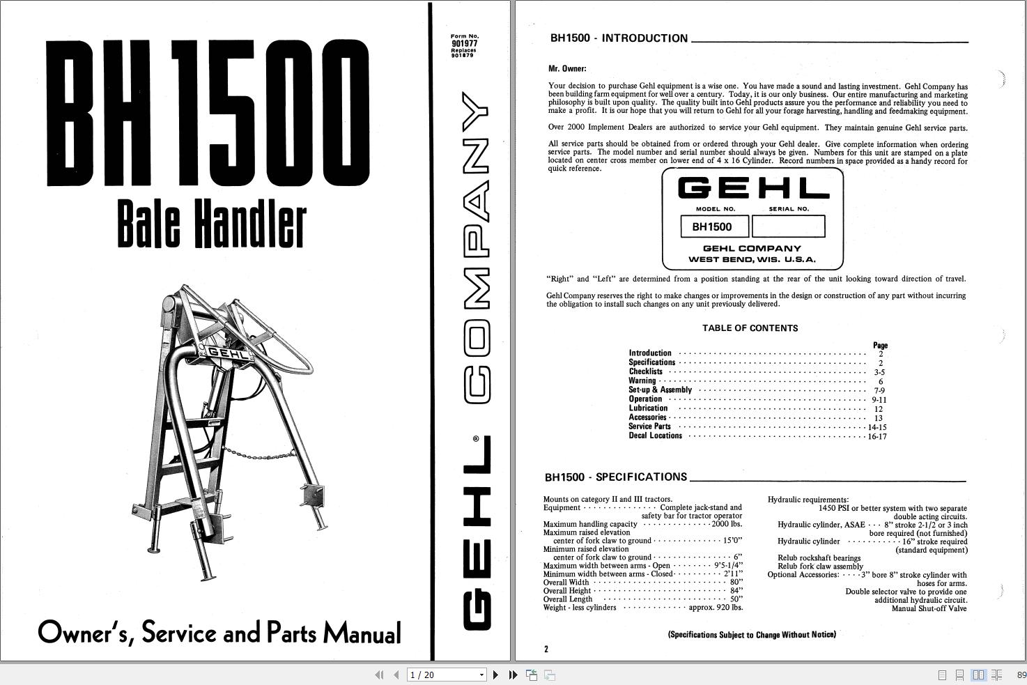 GEHL Bale Handler BH1500 Service and Parts Manual 901977A