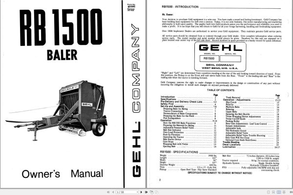 GEHL Baler RB1500 Operators Manual 901645A