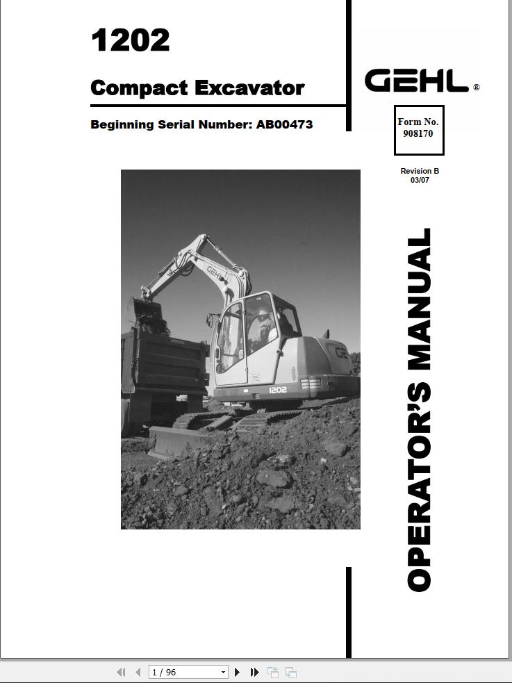GEHL Compact Excavator 1202 Operators Manual 908170B