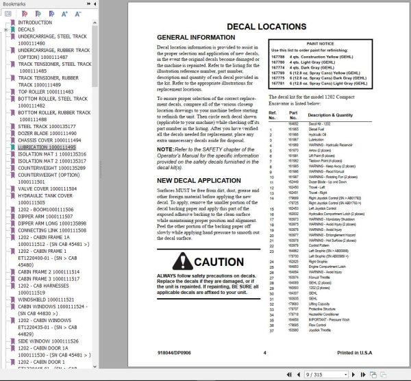 GEHL Compact Excavator 1202 Parts Manual 918044