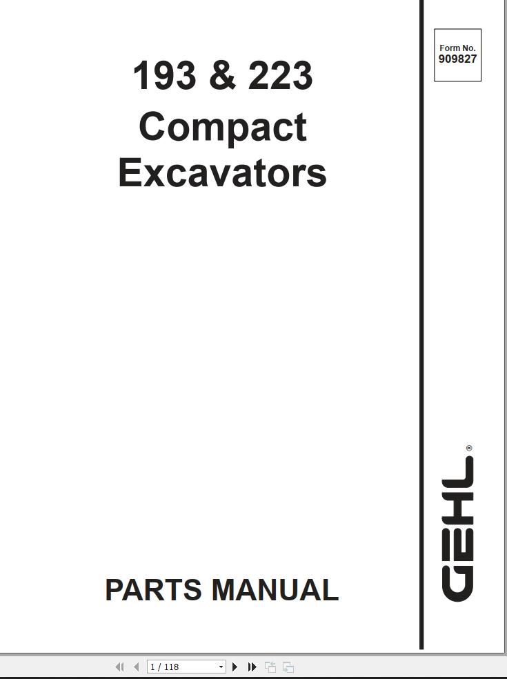 GEHL Compact Excavator 193 223 Parts Manual 909827A