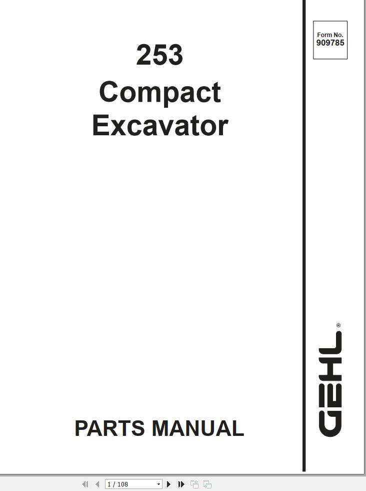 GEHL Compact Excavator 253 Parts Manual 909785A