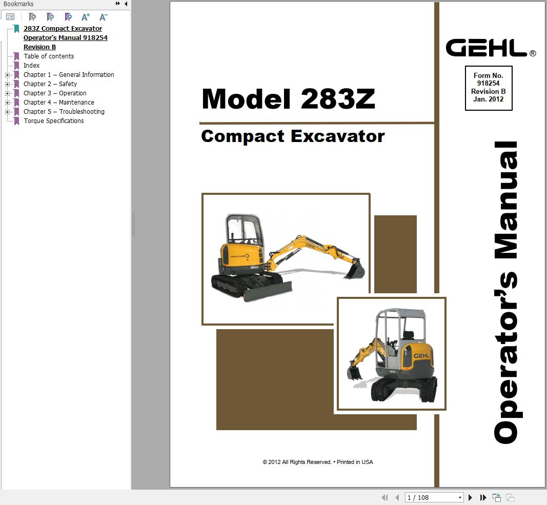 GEHL Compact Excavator 283Z Operators Manual 918254B