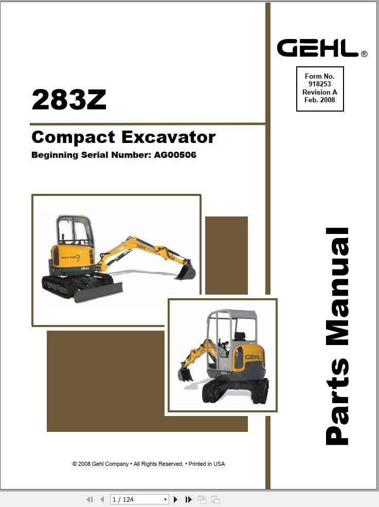 GEHL Compact Excavator 283Z Parts Manual 918253A