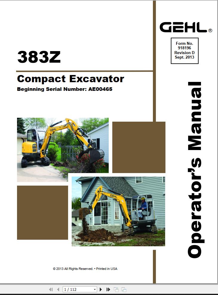 GEHL Compact Excavator 383Z Operators Manual 918196E