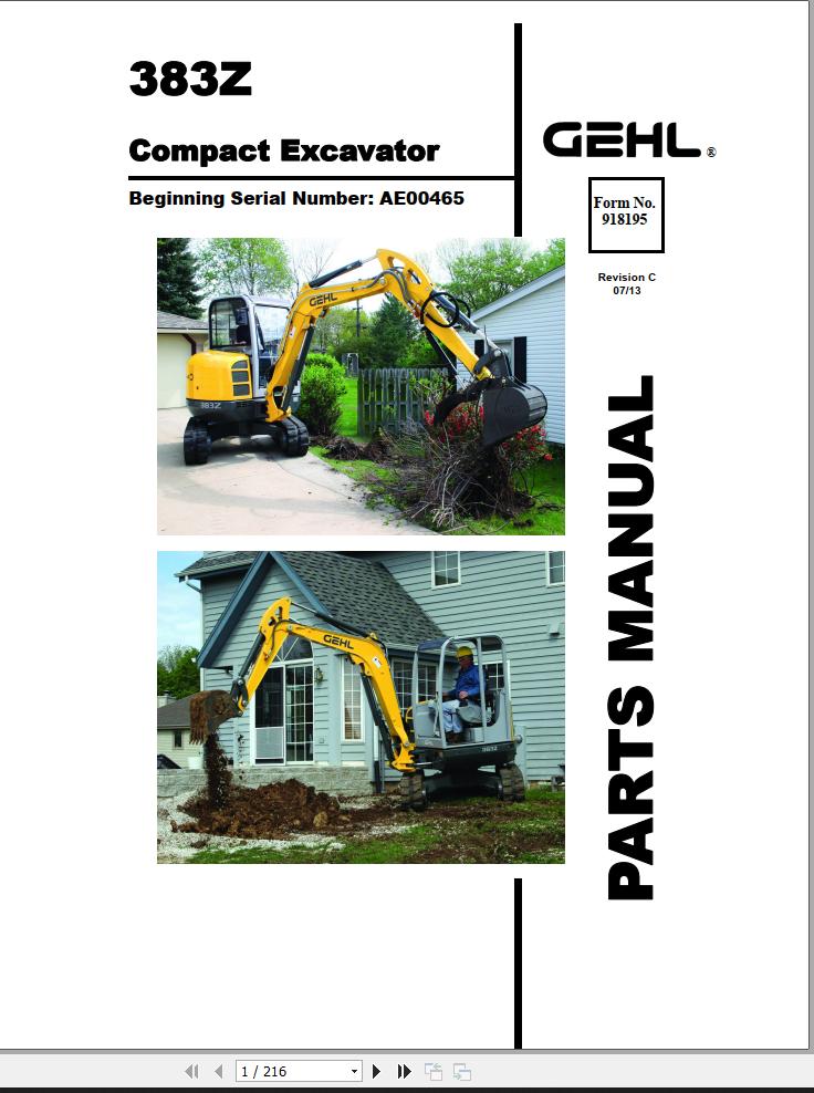 GEHL Compact Excavator 383Z Parts Manual 918195C