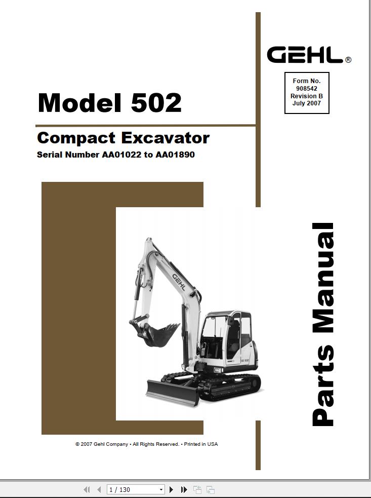 GEHL Compact Excavator 502 Parts Manual