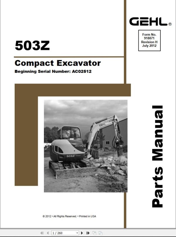 GEHL Compact Excavator 503Z Parts Manual 918071H