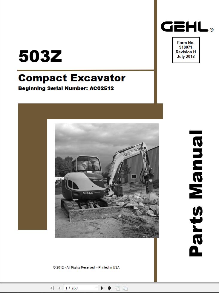 GEHL Compact Excavator 503Z Parts Manual 918071H