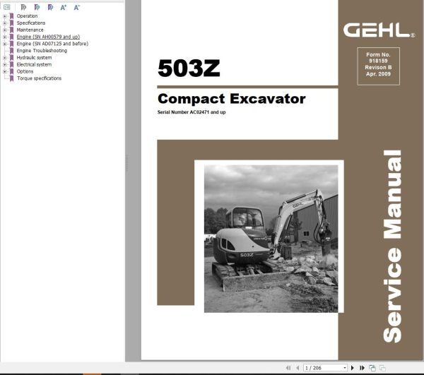 GEHL Compact Excavator 503Z Service Manual 918159B