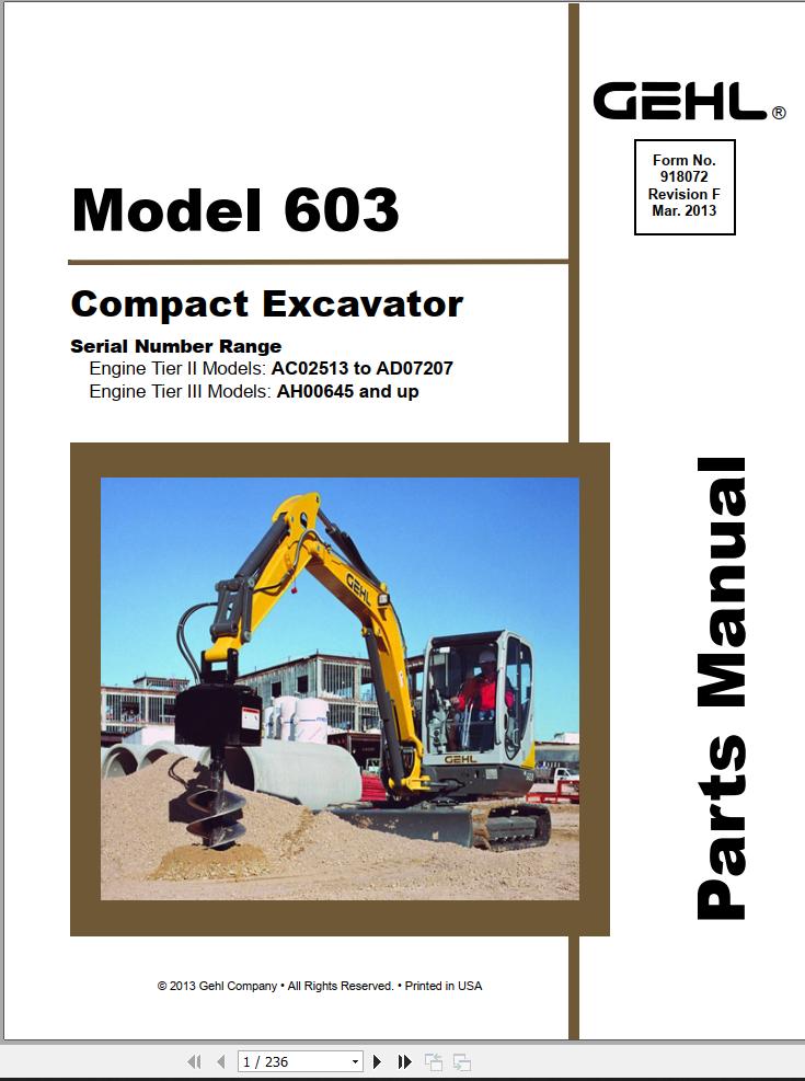 GEHL Compact Excavator 603 Parts Manual 918072F