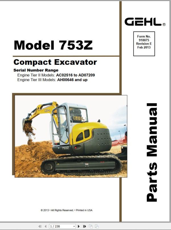GEHL Compact Excavator 735Z Parts Manual 918075E