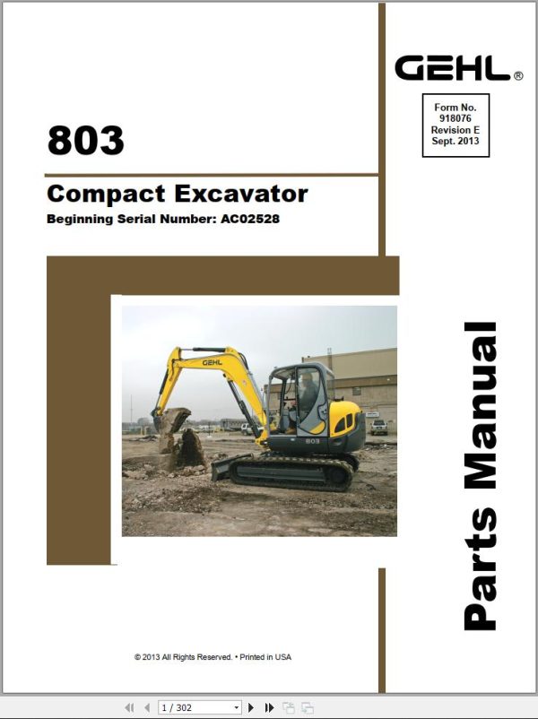 GEHL Compact Excavator 803 Parts Manual 918076E