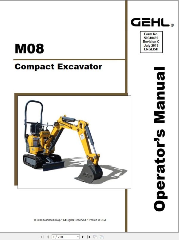 GEHL Compact Excavator M08 Operators Manual 50940489C