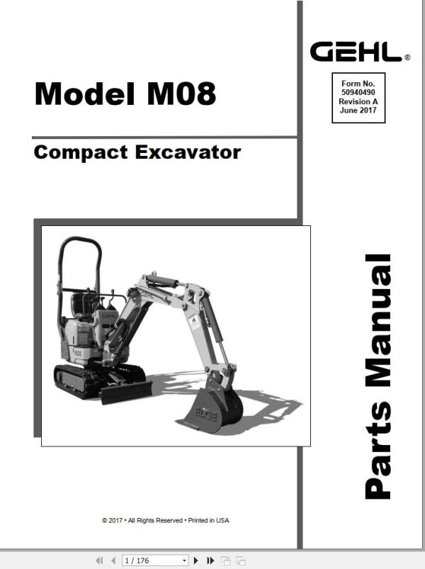 GEHL Compact Excavator M08 Parts Manual 50940490A