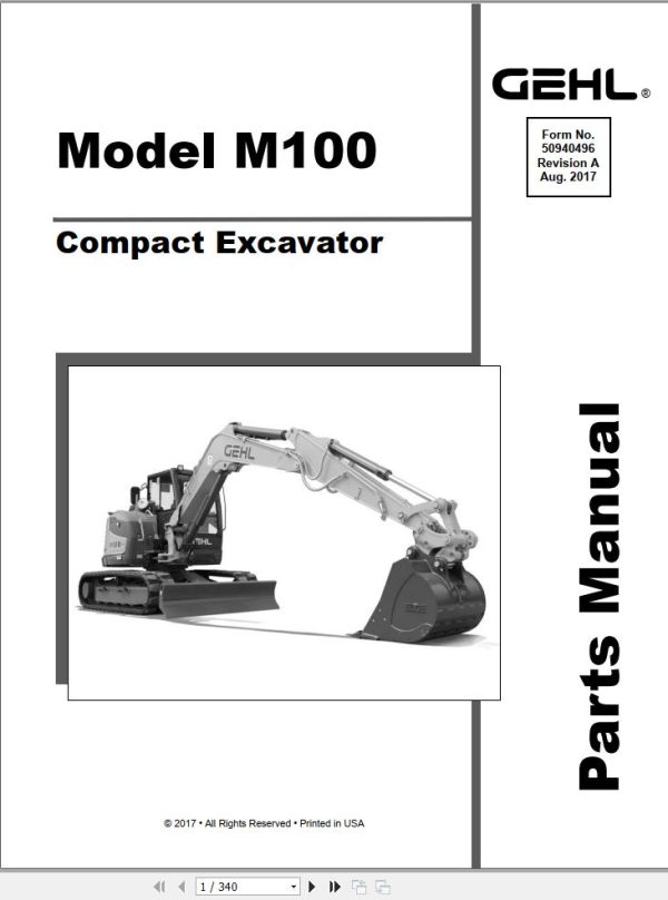 GEHL Compact Excavator M100 Parts Manual 50940496A