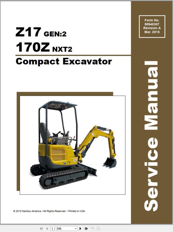 GEHL Compact Excavator Z17 GEN2 170Z NXT2 Service Manual 50940307 REVA