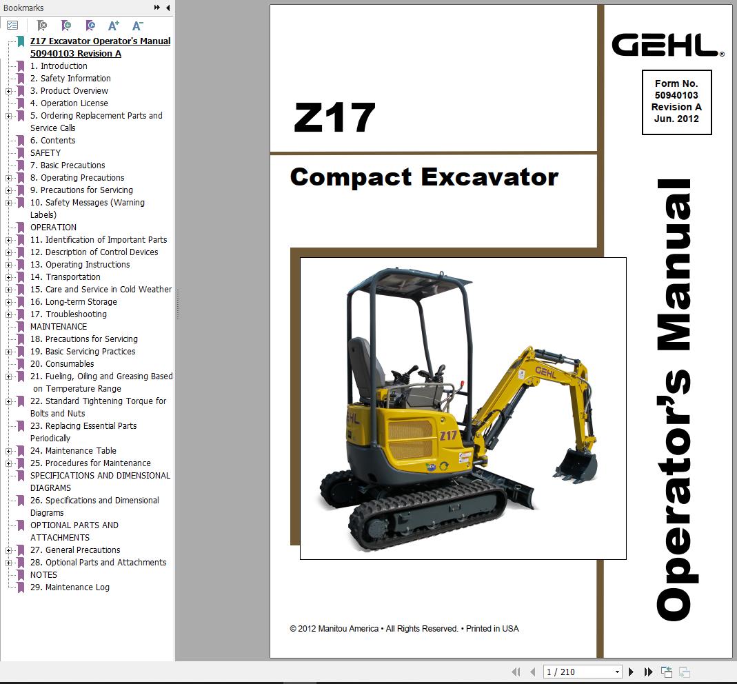 GEHL Compact Excavator Z17 Operators Manual 50940103A