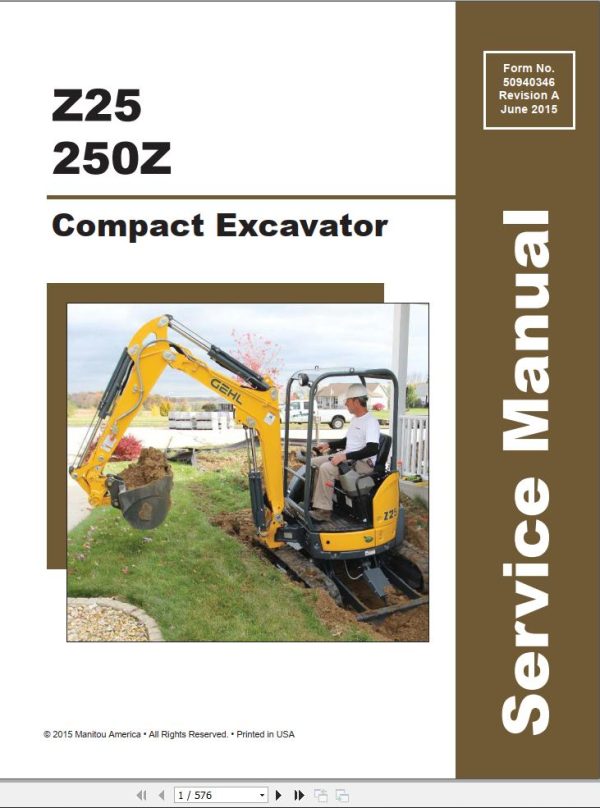 GEHL Compact Excavator Z25 250Z Service Manual 50940346 REVA