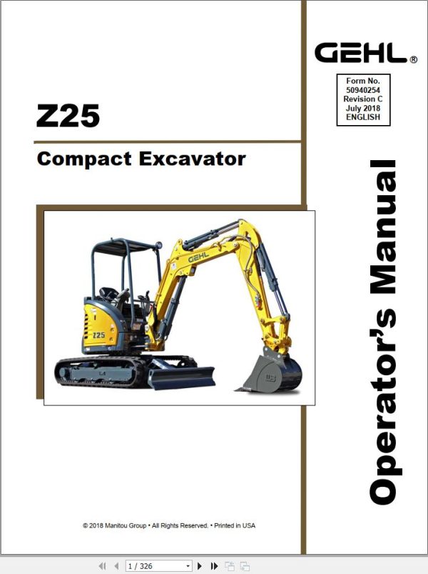 GEHL Compact Excavator Z25 Operators Manual 50940254C