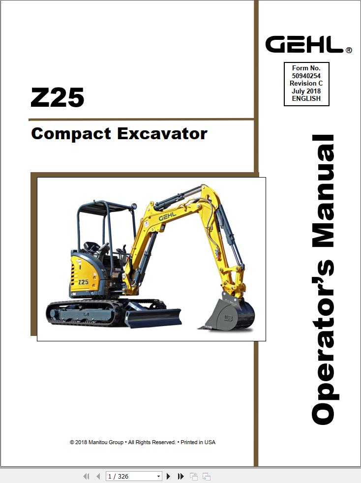 GEHL Compact Excavator Z25 Operators Manual 50940254C