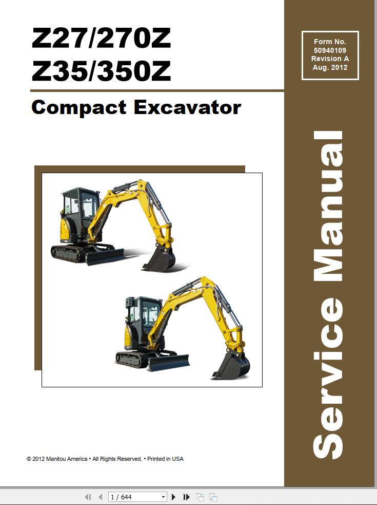 GEHL Compact Excavator Z27 270Z Z35 350Z Service Manual 50940109 revA