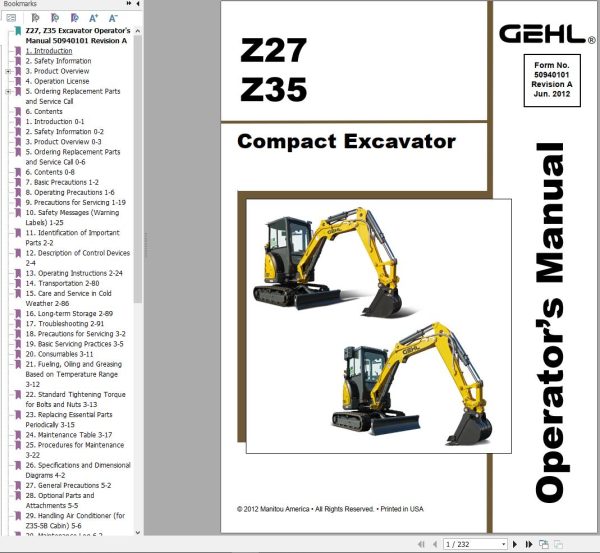 GEHL Compact Excavator Z27 Z35 Operators Manual 50940101A