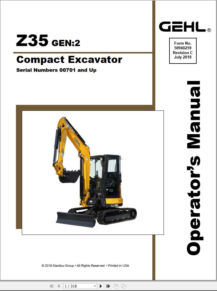 GEHL Compact Excavator Z35 Gen2 Operators Manual 50940259C