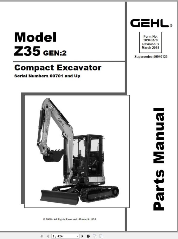 GEHL Compact Excavator Z35 Gen2 Parts Manual 50940278B