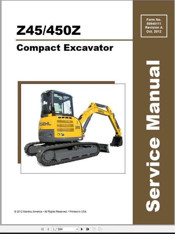 GEHL Compact Excavator Z45 450Z Service Manual 50940111 REVA