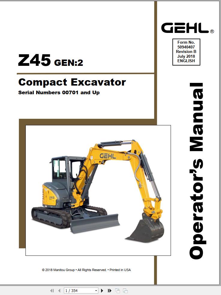 GEHL Compact Excavator Z45 Gen2 Operators Manual 50940407B