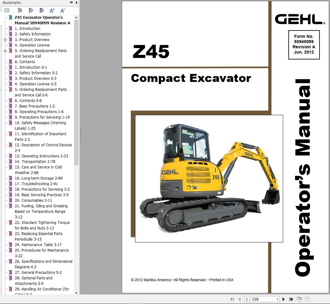 GEHL Compact Excavator Z45 Operators Manual 50940099A