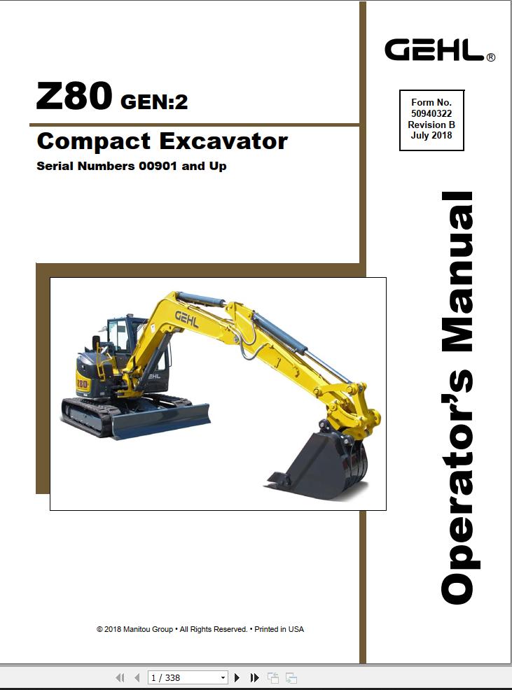 GEHL Compact Excavator Z80 Gen2 Operators Manual 50940322B