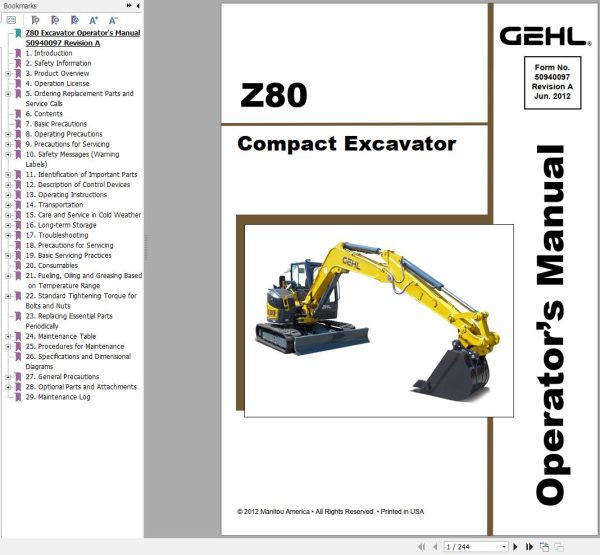 GEHL Compact Excavator Z80 Operators Manual