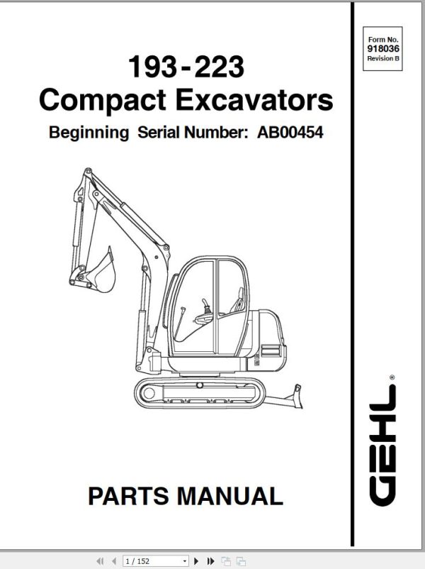 GEHL Compact Excavators 193 223 Parts Manual 918036B