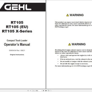 GEHL Compact Track Loader RT105 RT105 X Series Operators Manual 50950434I