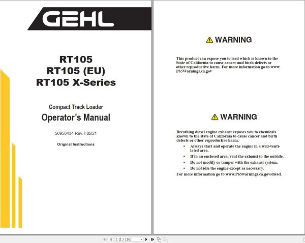 GEHL Compact Track Loader RT105 RT105 X Series Operators Manual 50950434I