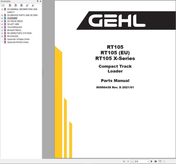 GEHL Compact Track Loader RT105 RT105 X Series Parts Manual 50950435D