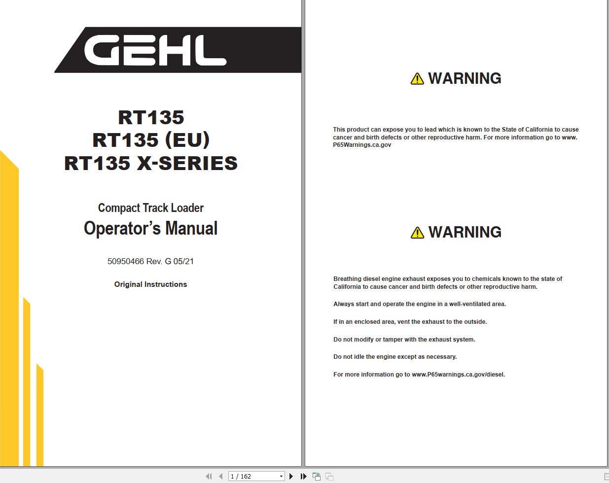 GEHL Compact Track Loader RT135 RT135 X Series Operators Manual 50950466G