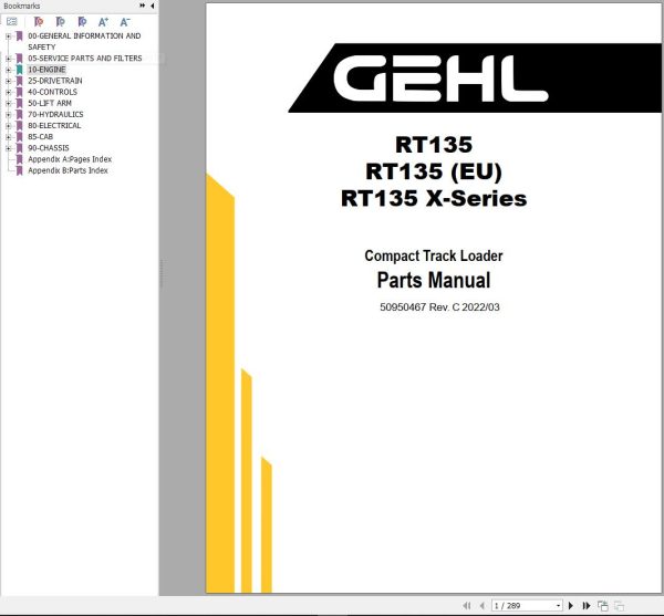 GEHL Compact Track Loader RT135 RT135 X Series Parts Manual 50950467C