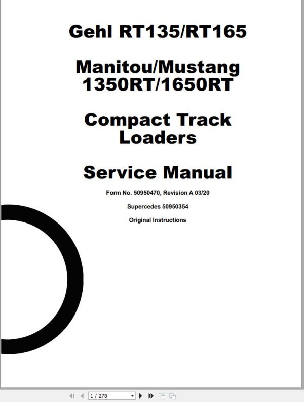 GEHL Compact Track Loader RT135 RT165 Service Manual 50950470 REVA