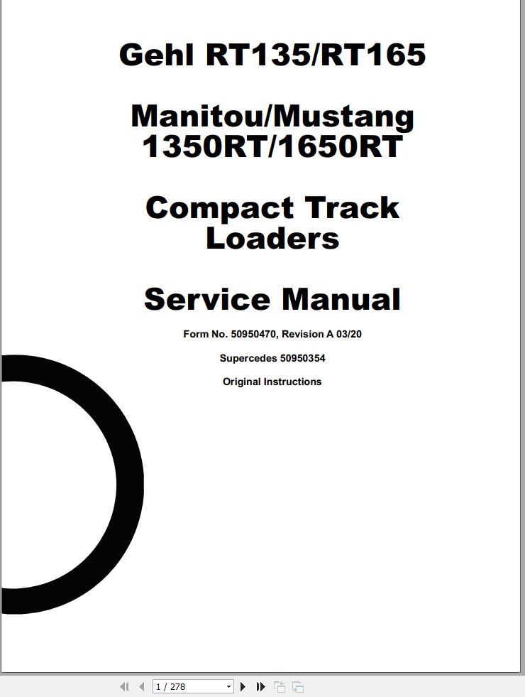 GEHL Compact Track Loader RT135 RT165 Service Manual 50950470 REVA