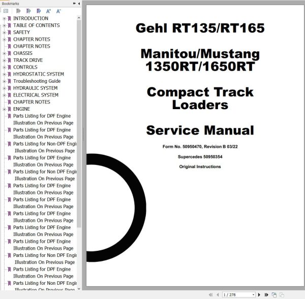 GEHL Compact Track Loader RT135 RT165 Service Manual 50950470A