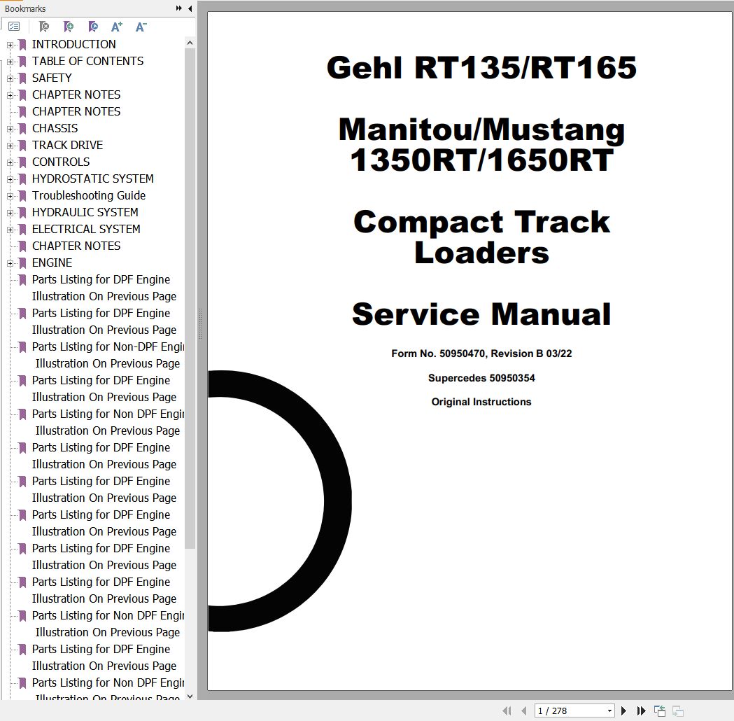 GEHL Compact Track Loader RT135 RT165 Service Manual 50950470A