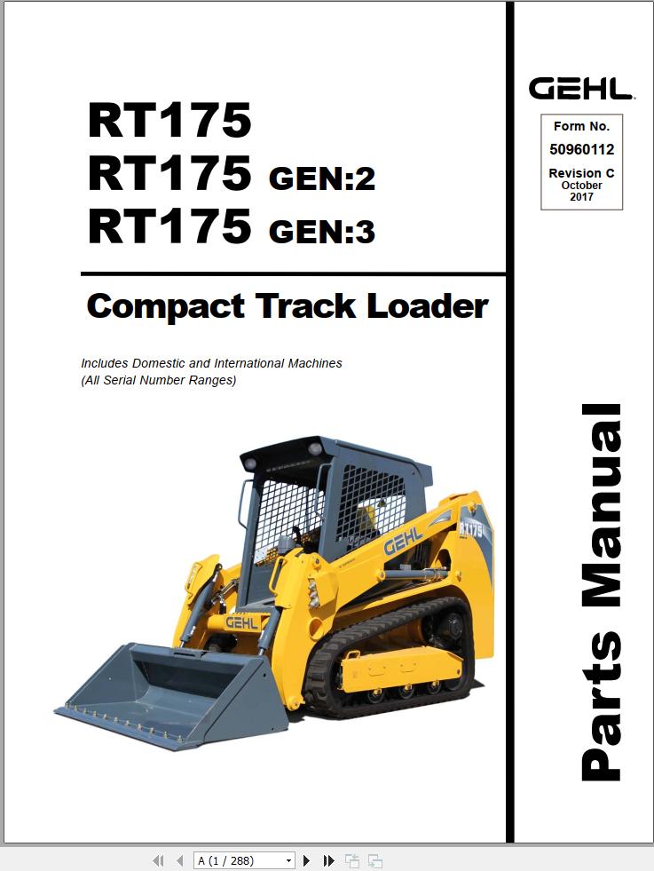 GEHL Compact Track Loader RT175 RT175 Gen2 RT175 Gen3 Parts Manual 50960112C