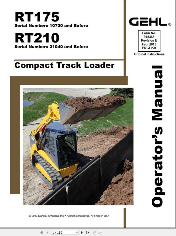 GEHL Compact Track Loader RT175 RT210 Operators Manual 918468E